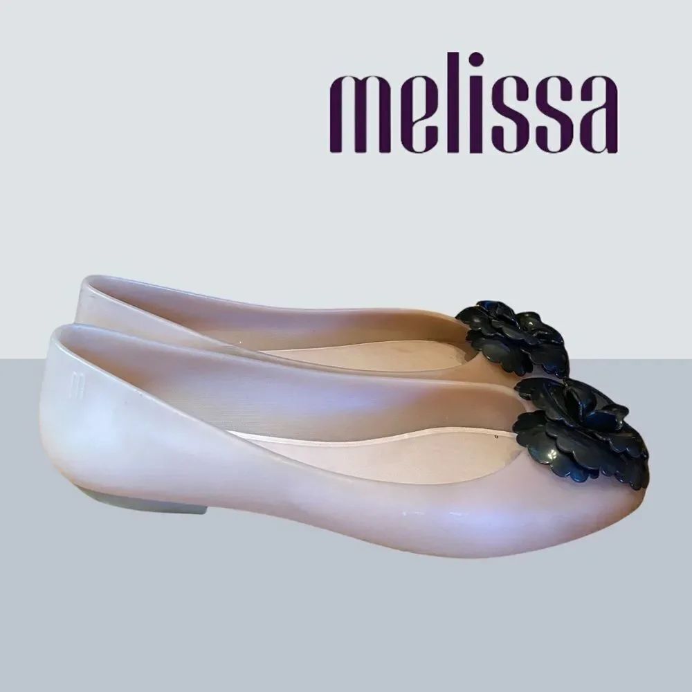 Melissa "Doll Fern" Blush Black Flower Flats 8